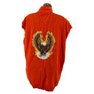 Biker wear orange sleeveless raw edge button up eagle flame graphic 3X